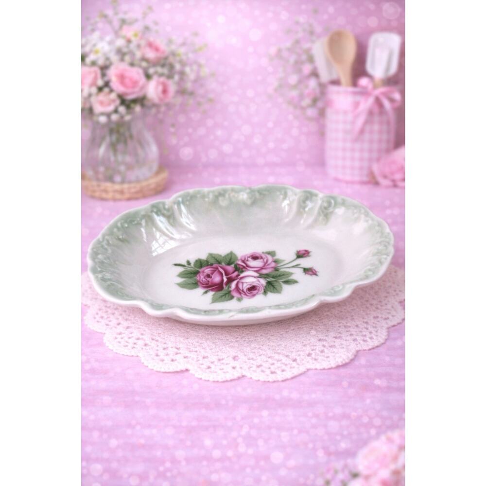 Antique Porcelain Relish Dish Trinket Tray Soap Floral Roses Victorian Cottage